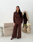 Freya Brown Shirt Wrap Gold button Trouser Co Ord Set