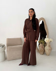 Freya Brown Shirt Wrap Gold button Trouser Co Ord Set