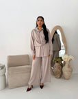 Freya Mocha Shirt Wrap Gold button Trouser Co Ord Set