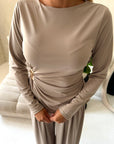 Sera Mocha Soft Plain Gold Buckle Trouser Co Ord Set