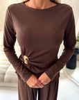 Sera Brown Soft Plain Gold Buckle Trouser Co Ord Set