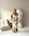 Azura Khaki Linen Floral Print Tie Back Summer Dress
