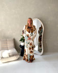 Azura Brown Linen Floral Print Tie Back Summer Dress