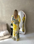 Azura Yellow Linen Floral Print Tie Back Summer Dress