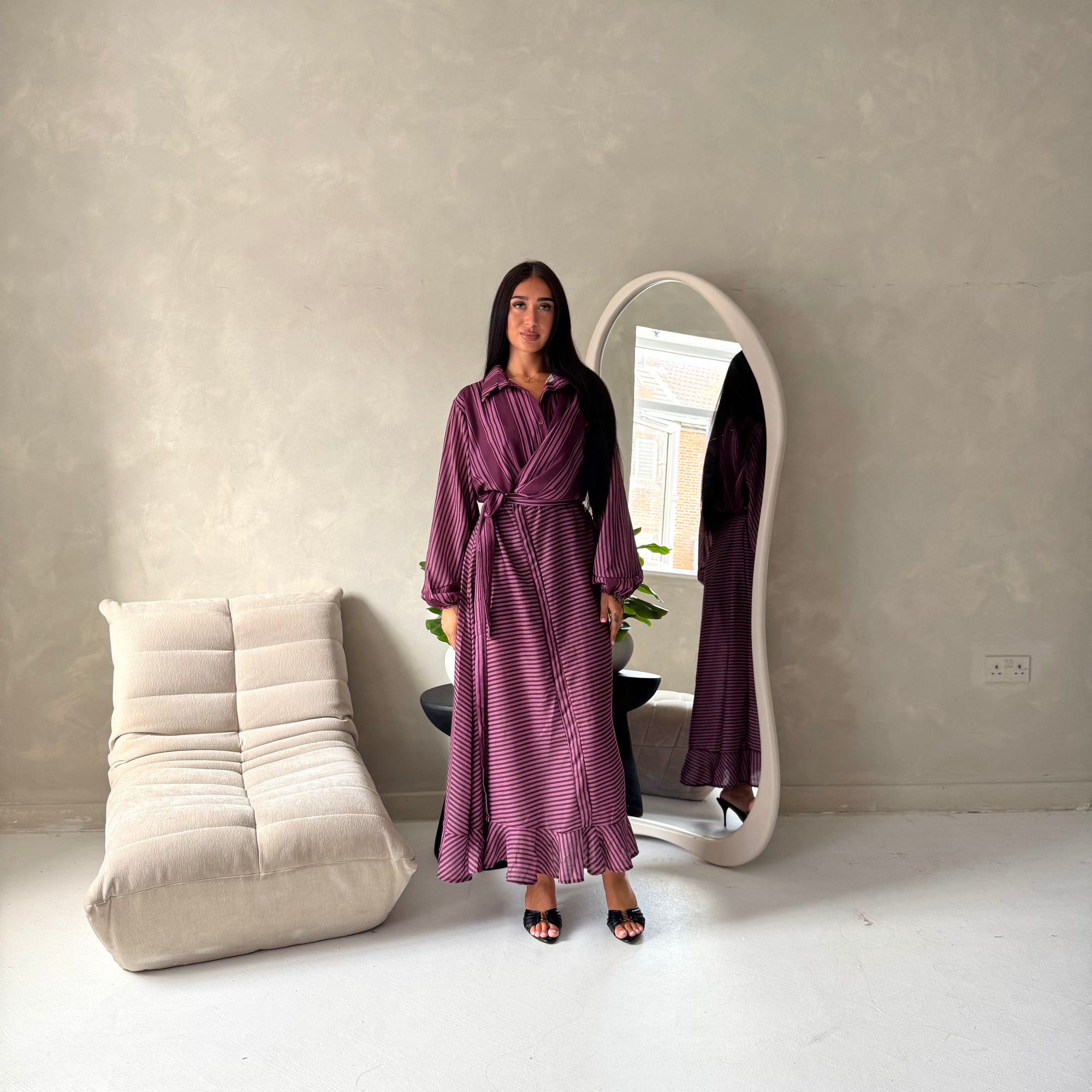 Mara Plum Stripe Balloon Sleeve Wrap Dress