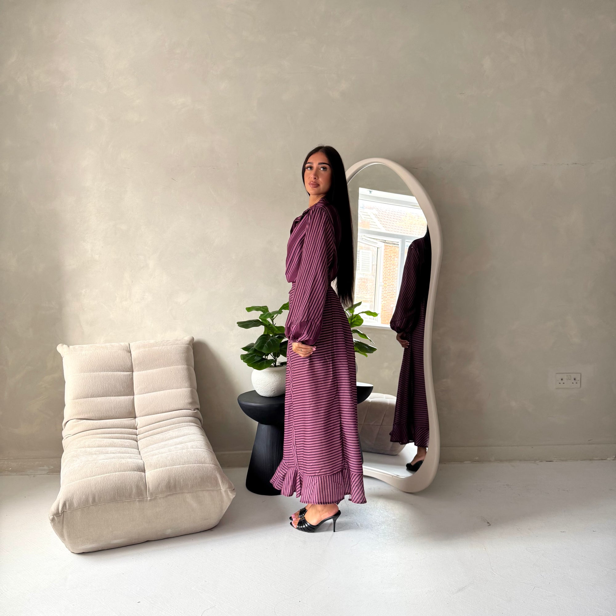 Mara Plum Stripe Balloon Sleeve Wrap Dress