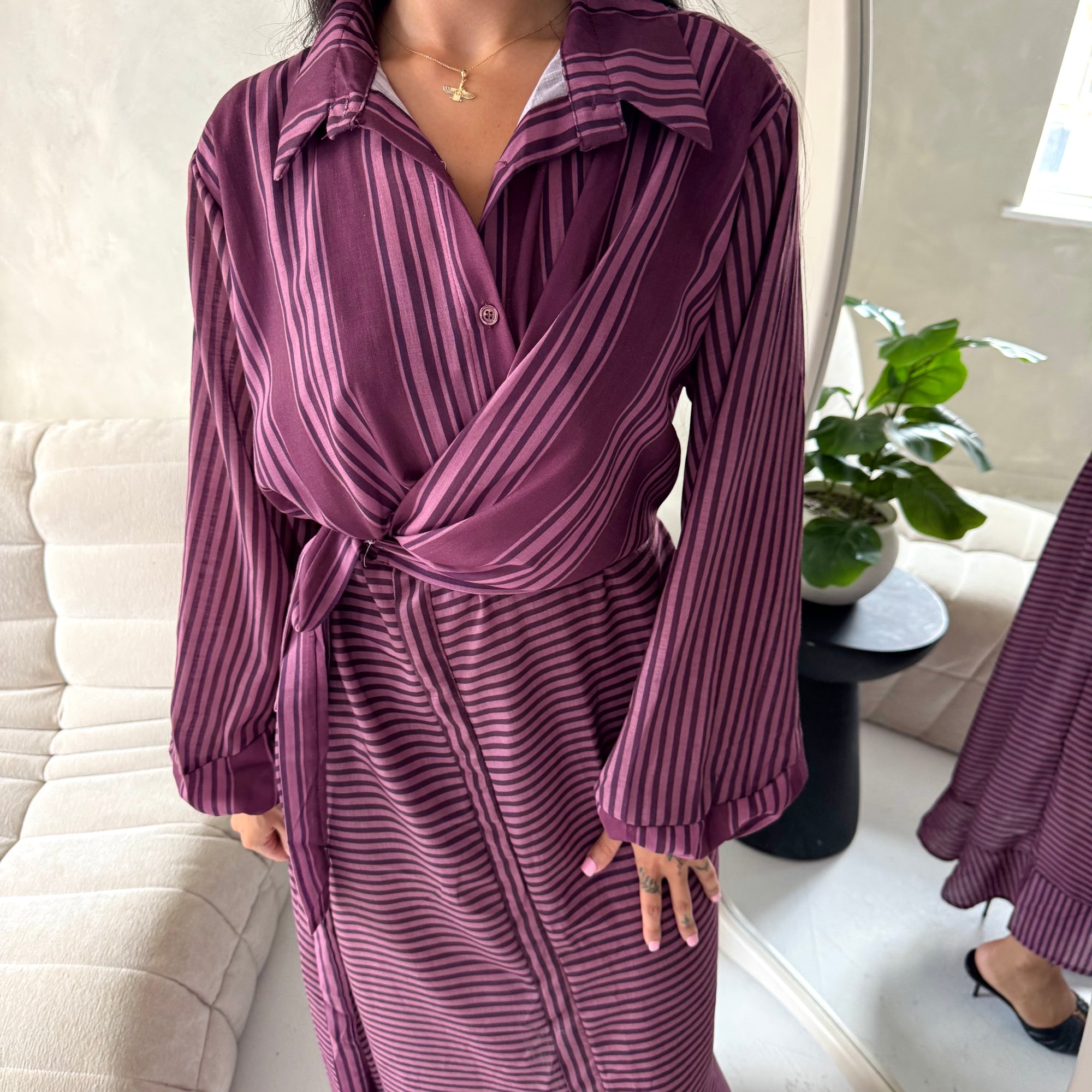 Mara Plum Stripe Balloon Sleeve Wrap Dress