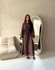 Mara Brown Stripe Balloon Sleeve Wrap Dress