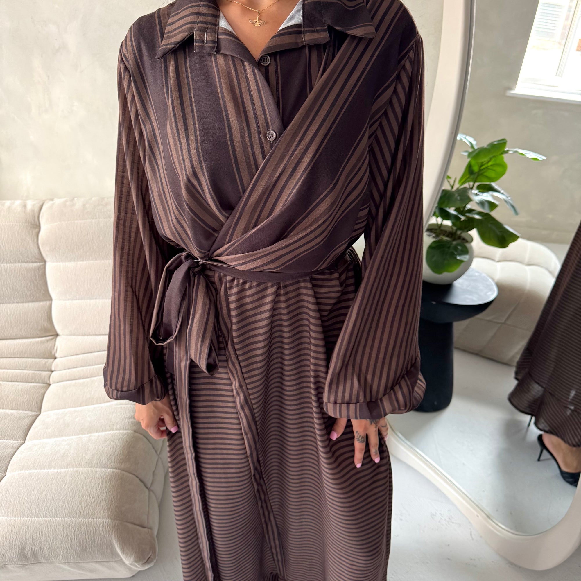 Mara Brown Stripe Balloon Sleeve Wrap Dress