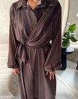 Mara Brown Stripe Balloon Sleeve Wrap Dress