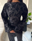 Nala Black Floral Velvet Detail Tie Back Top