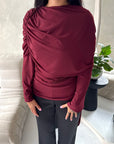 Terra Wine Soft Ruched Cape Shoulder Drape Top