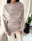 Terra Mocha Soft Ruched Cape Shoulder Drape Top