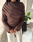 Terra Brown Soft Ruched Cape Shoulder Drape Top