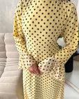 Nira Yellow High Neck Frill Sleeve Mesh Polka Dot Dress
