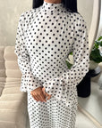 Nira White High Neck Frill Sleeve Mesh Polka Dot Dress