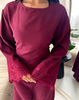 Elara Wine Plain Lace Sleeve Detail Modest Dress
