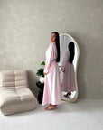 Areezo Pink Pleated Belted Buckle V Neck Collar Dress