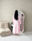 Areezo Pink Pleated Belted Buckle V Neck Collar Dress