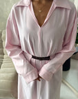 Areezo Pink Pleated Belted Buckle V Neck Collar Dress