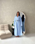 Areezo Blue Pleated Belted Buckle V Neck Collar Dress