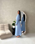 Areezo Blue Pleated Belted Buckle V Neck Collar Dress