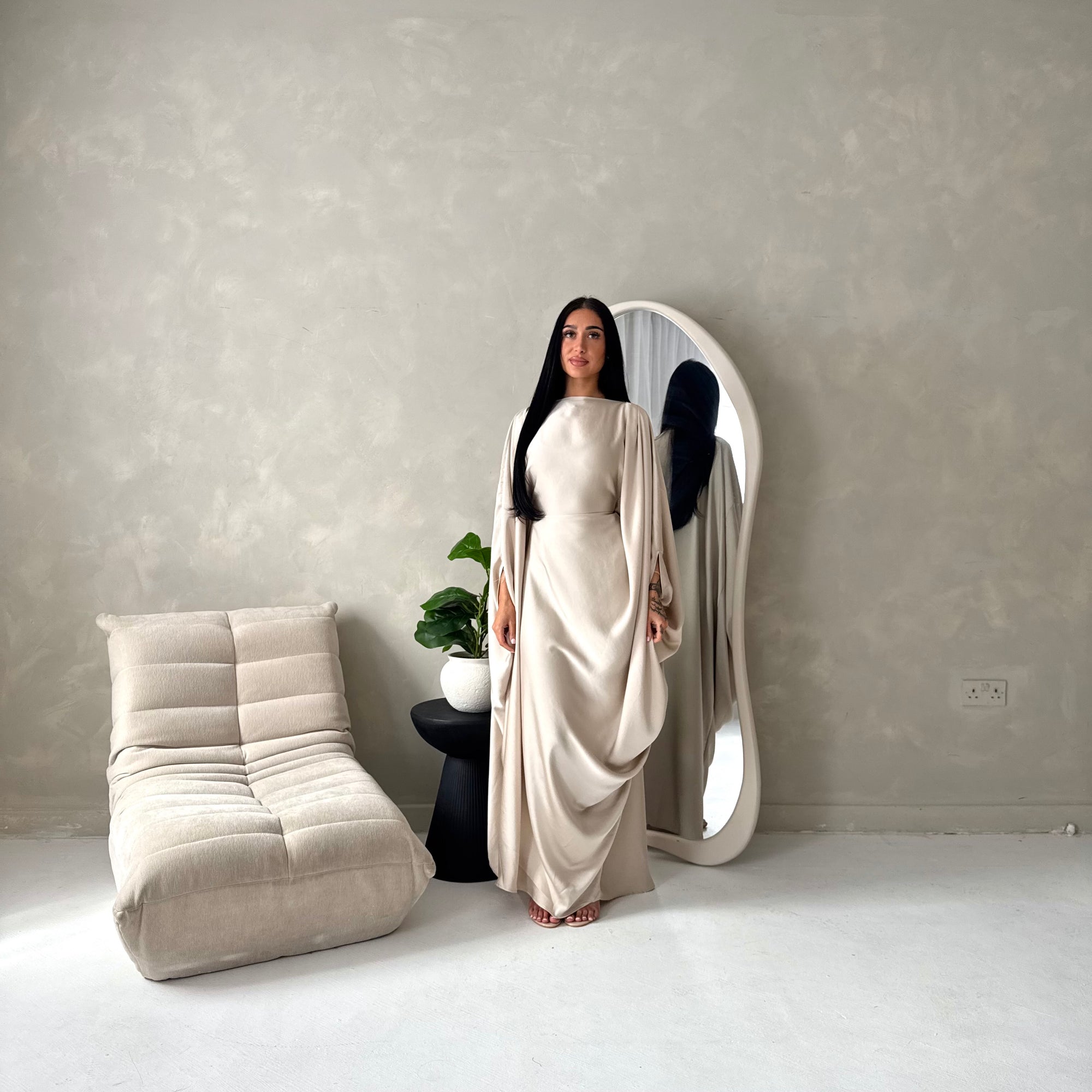 Sahra Beige Satin Shoulder Gather Kaftan Dress