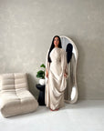Sahra Beige Satin Shoulder Gather Kaftan Dress