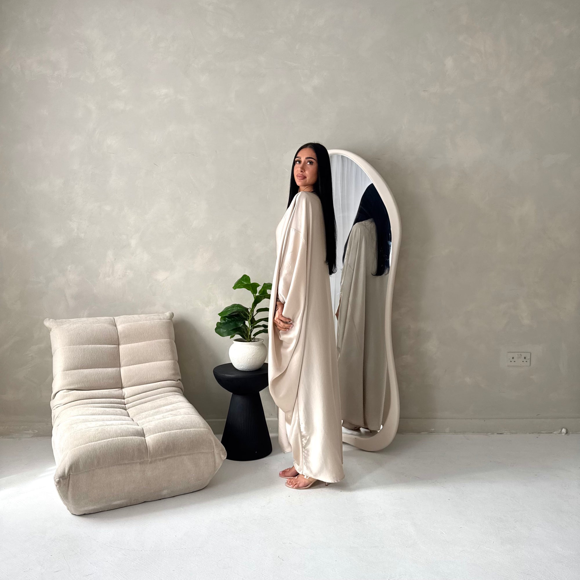 Sahra Beige Satin Shoulder Gather Kaftan Dress