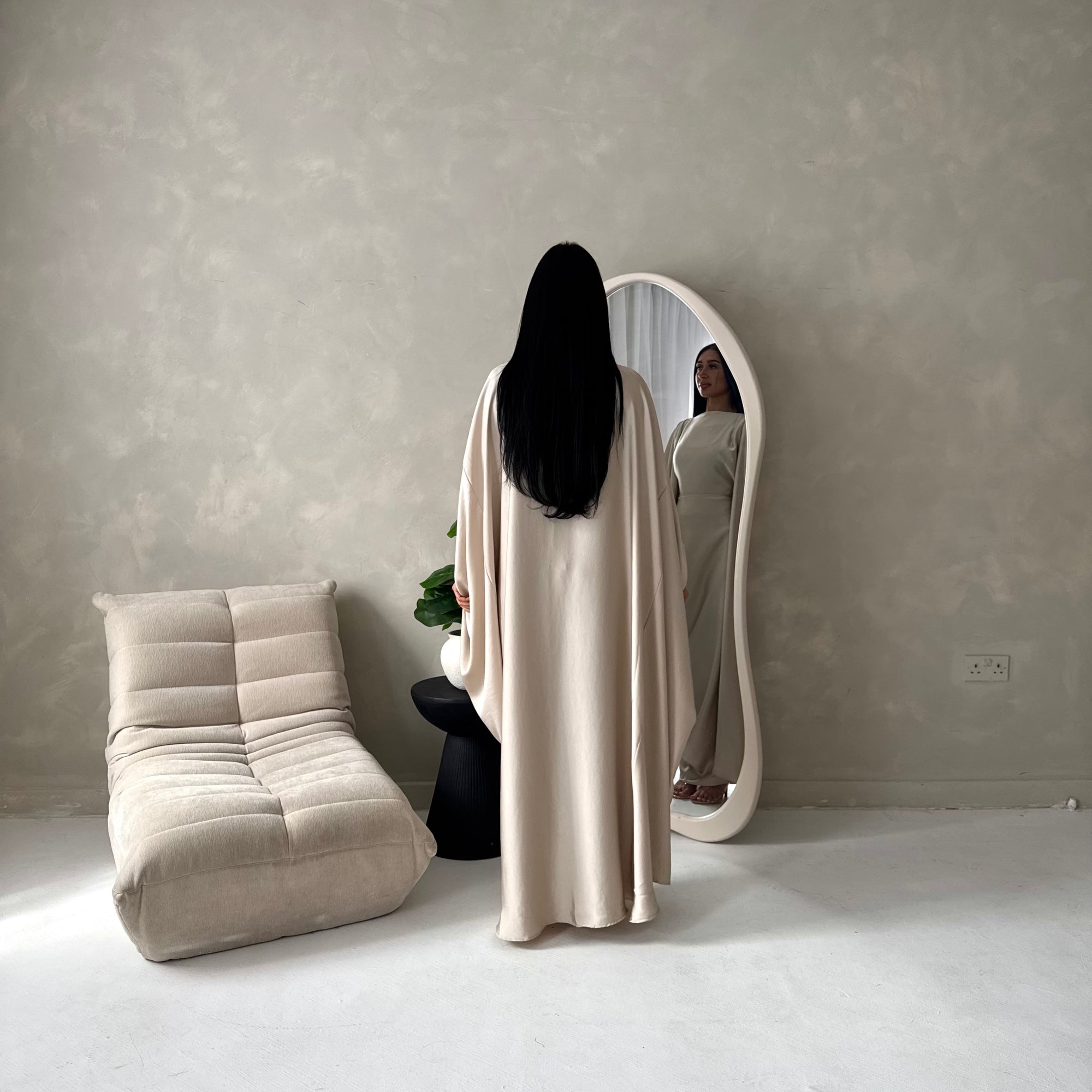 Sahra Beige Satin Shoulder Gather Kaftan Dress