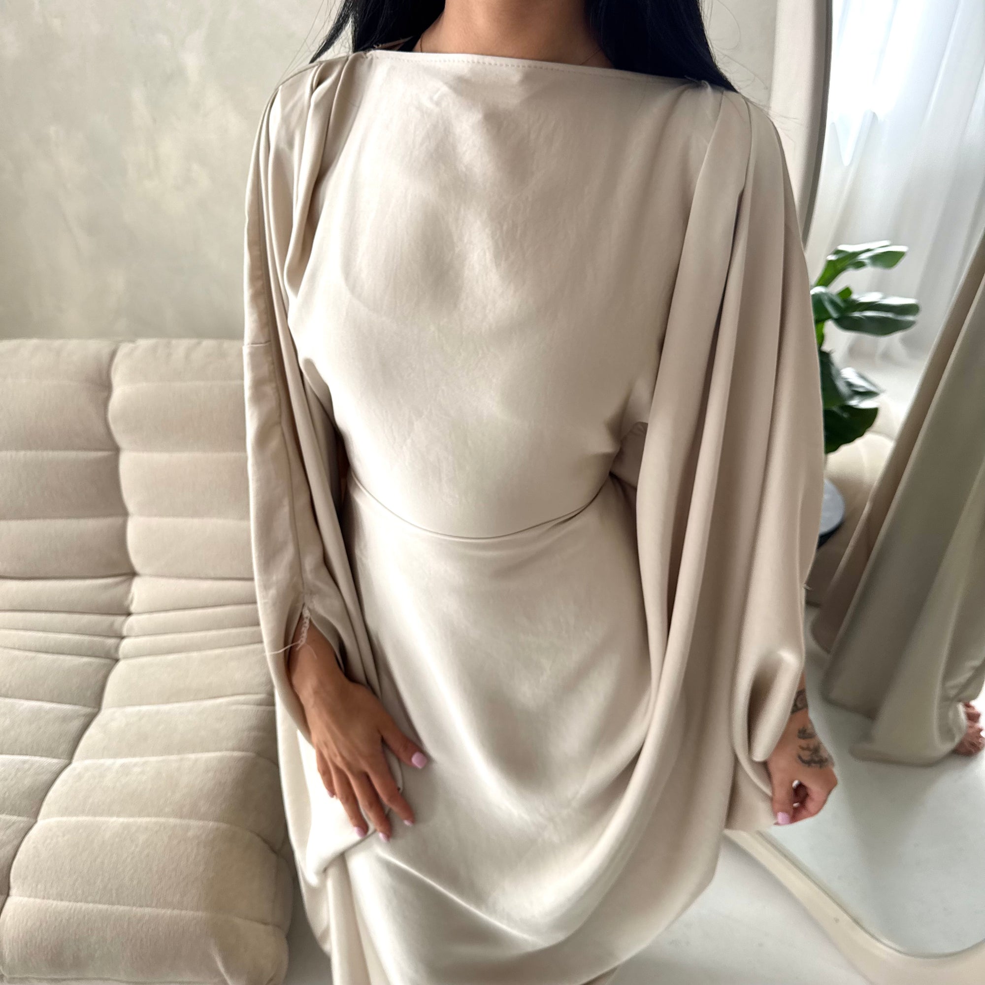Sahra Beige Satin Shoulder Gather Kaftan Dress