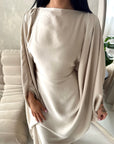 Sahra Beige Satin Shoulder Gather Kaftan Dress