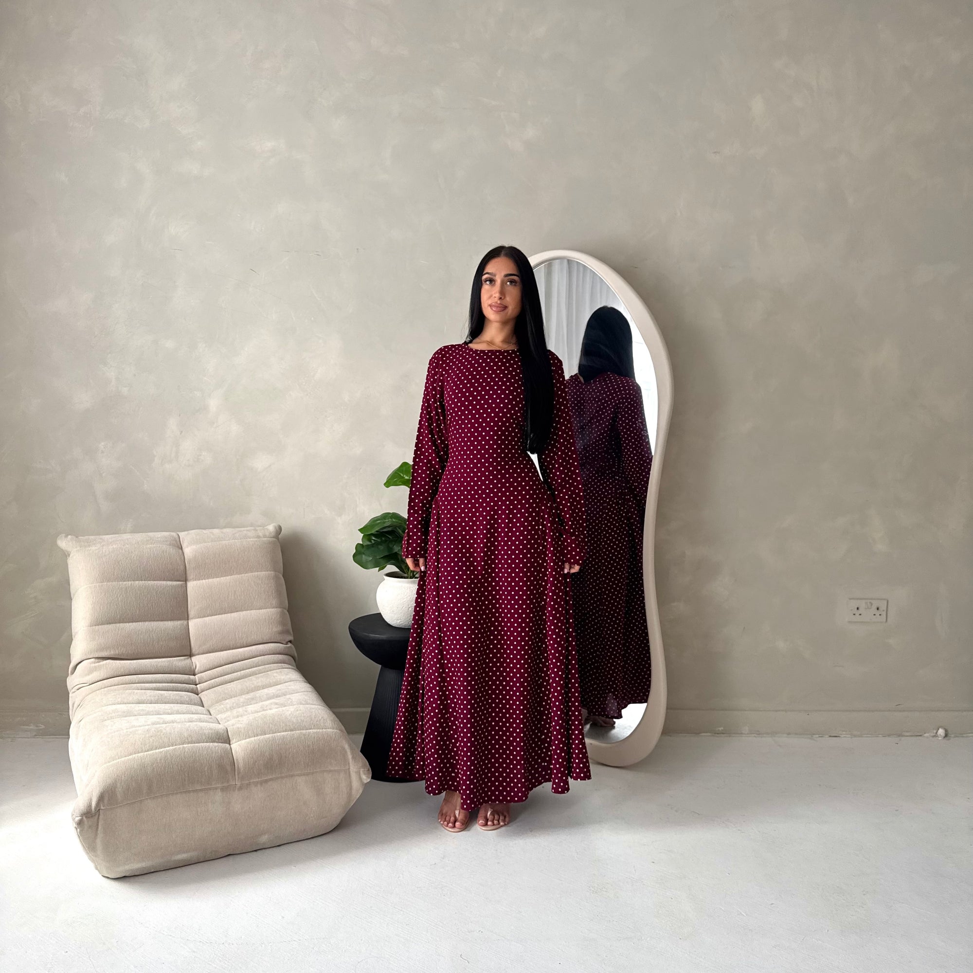 Rosh Wine With White Polka Dot A line Summer Dress