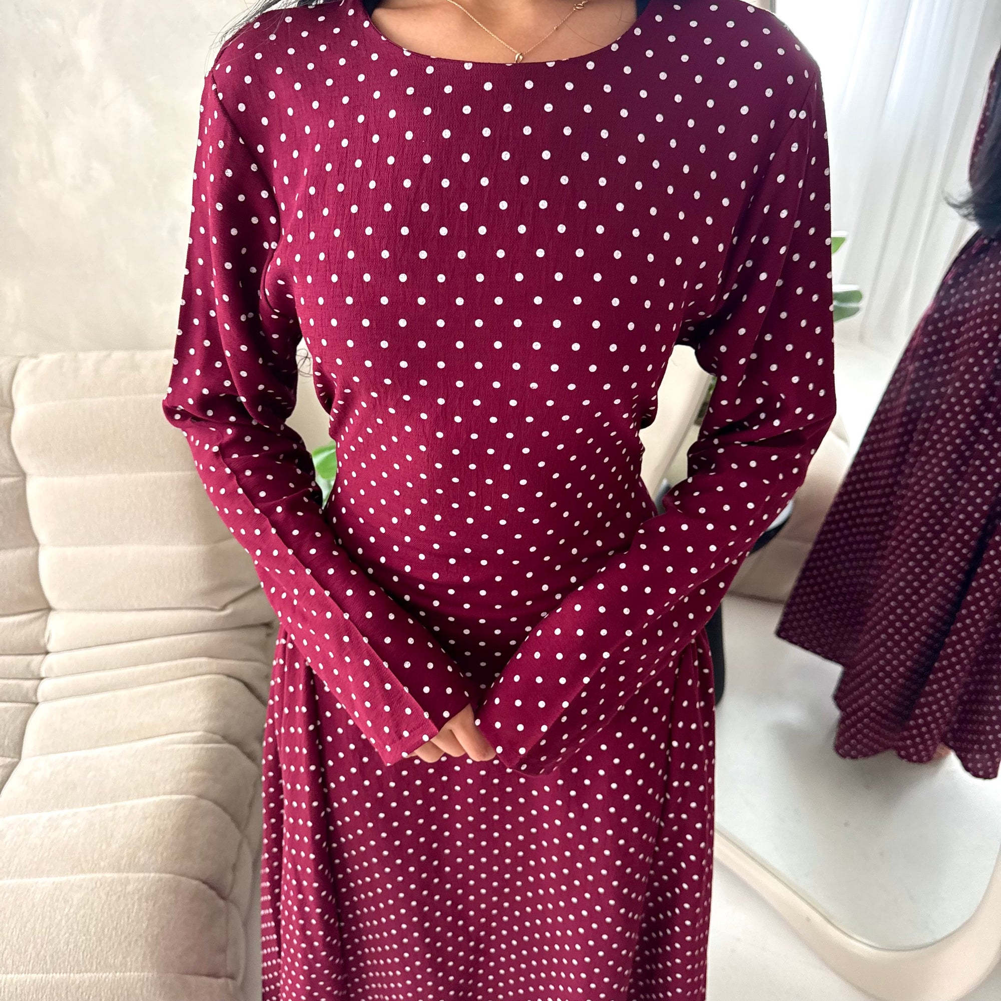 Rosh Wine With White Polka Dot A line Summer Dress