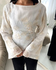 Mila White Mesh Floral Embroidered Tie Back Asymmetrical Top