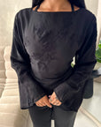 Mila Black Mesh Floral Embroidered Tie Back Asymmetrical Top