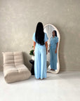 Eisi Blue V Neck Wrap Printed Tie Trouser Co Ord Set