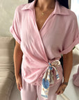 Eisi Pink V Neck Wrap Printed Tie Trouser Co Ord Set