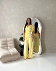 Eisi Yellow V Neck Wrap Printed Tie Trouser Co Ord Set