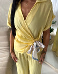 Eisi Yellow V Neck Wrap Printed Tie Trouser Co Ord Set