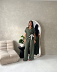 Eisi Khaki V Neck Wrap Printed Tie Trouser Co Ord Set
