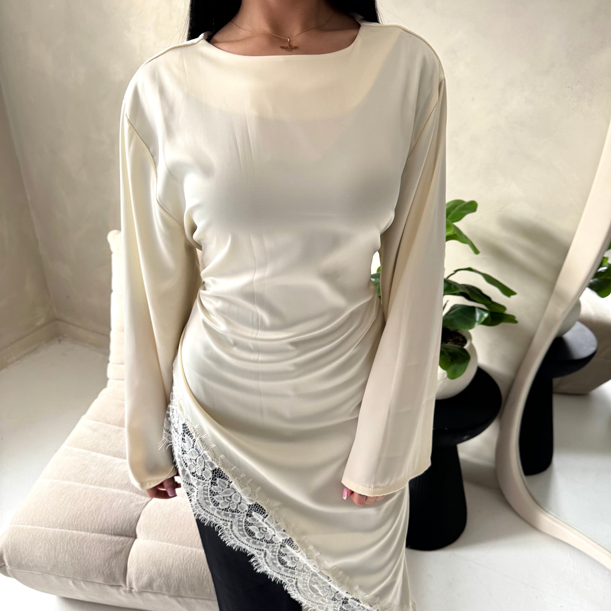 Beyi Cream Lace Assymetrical Satin Midi Dress