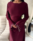 Nika Wine Diamante Sleeve Detail Plain Tie Back Dress