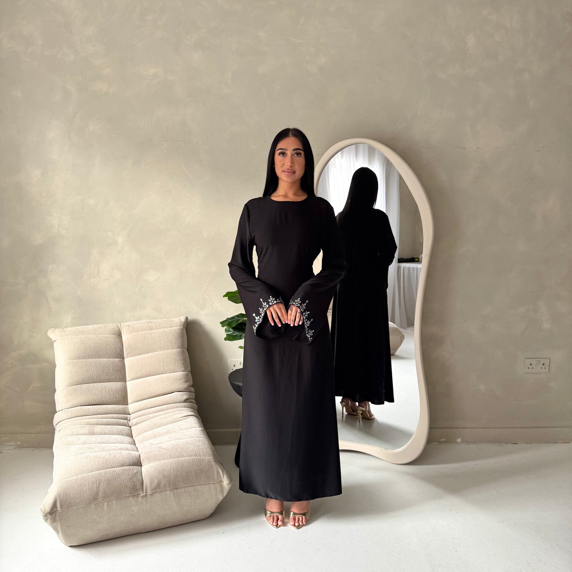 Nika Black Diamante Sleeve Detail Plain Tie Back Dress