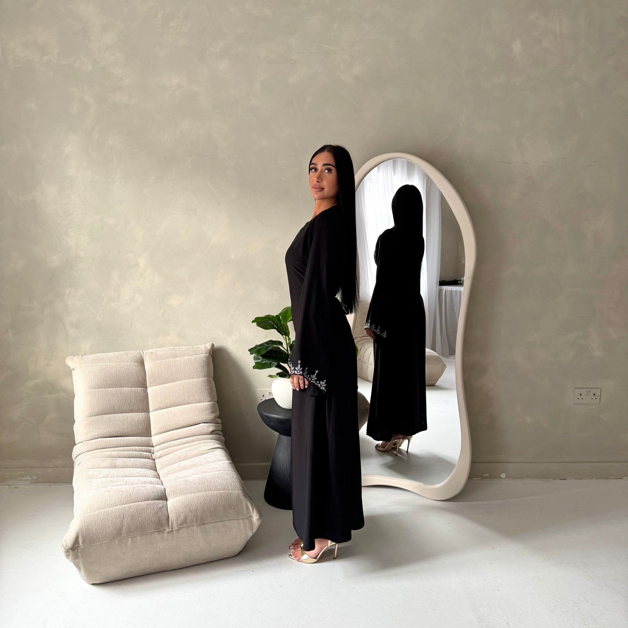 Nika Black Diamante Sleeve Detail Plain Tie Back Dress