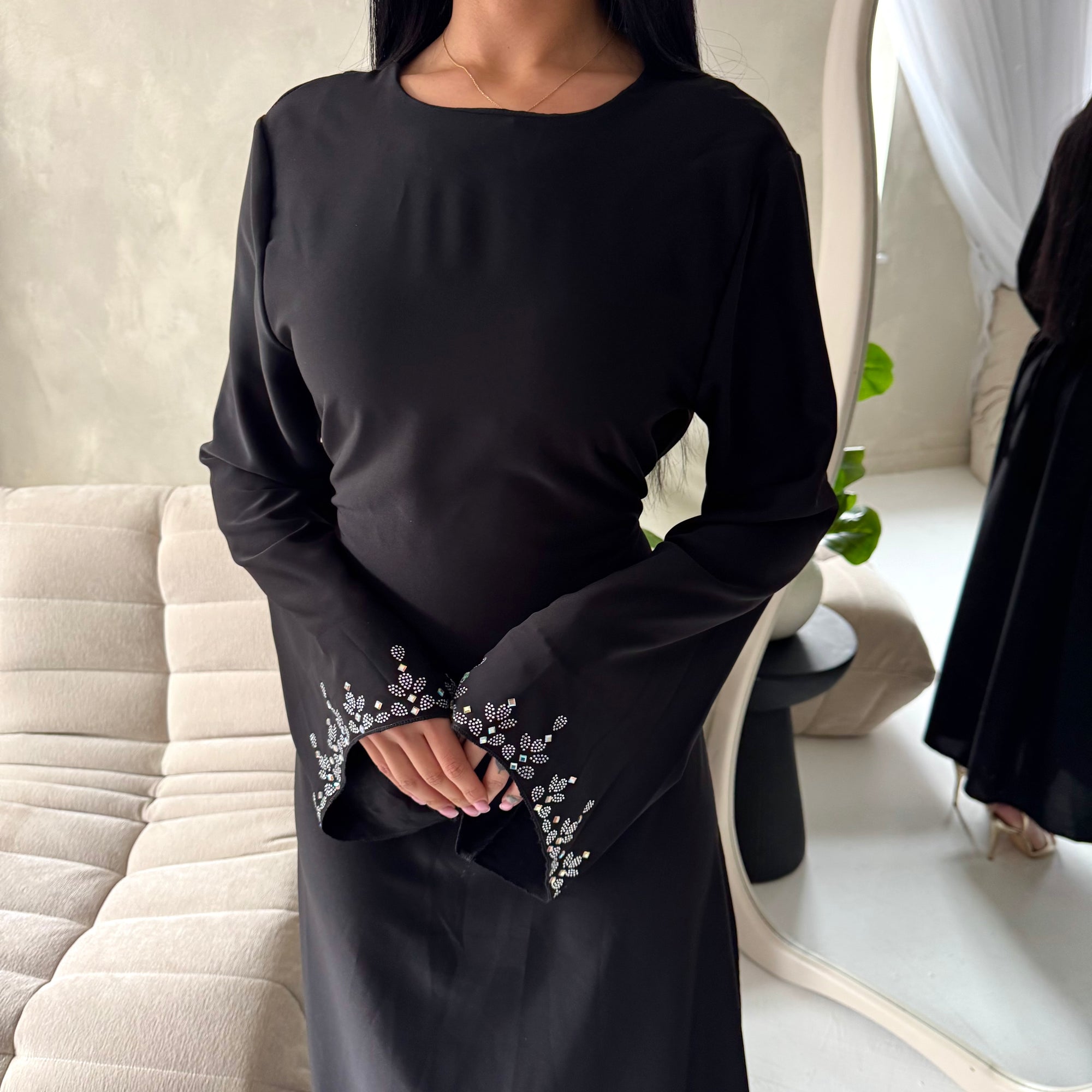 Nika Black Diamante Sleeve Detail Plain Tie Back Dress