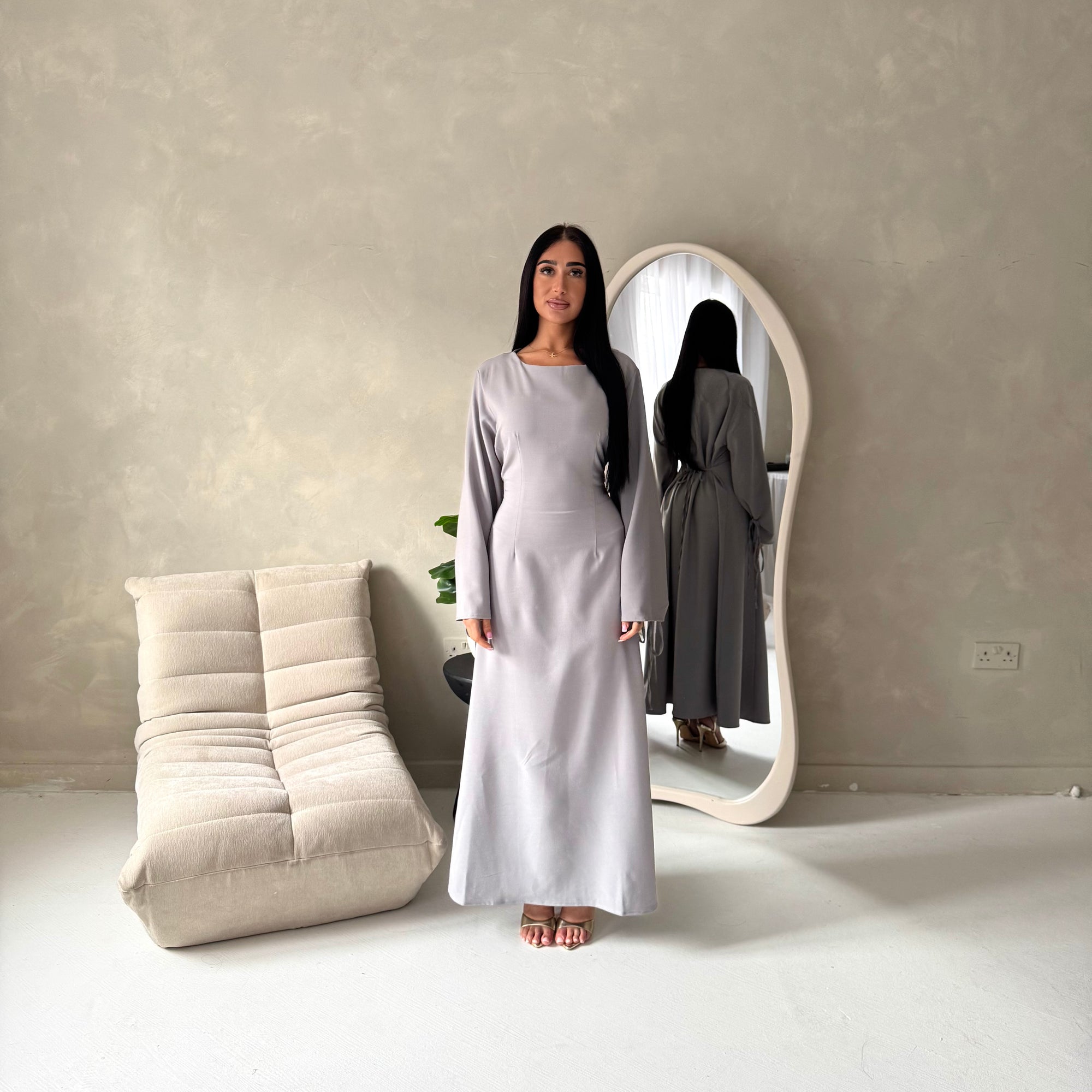 Noor Grey Plain A Line Tie Back Smock Dress