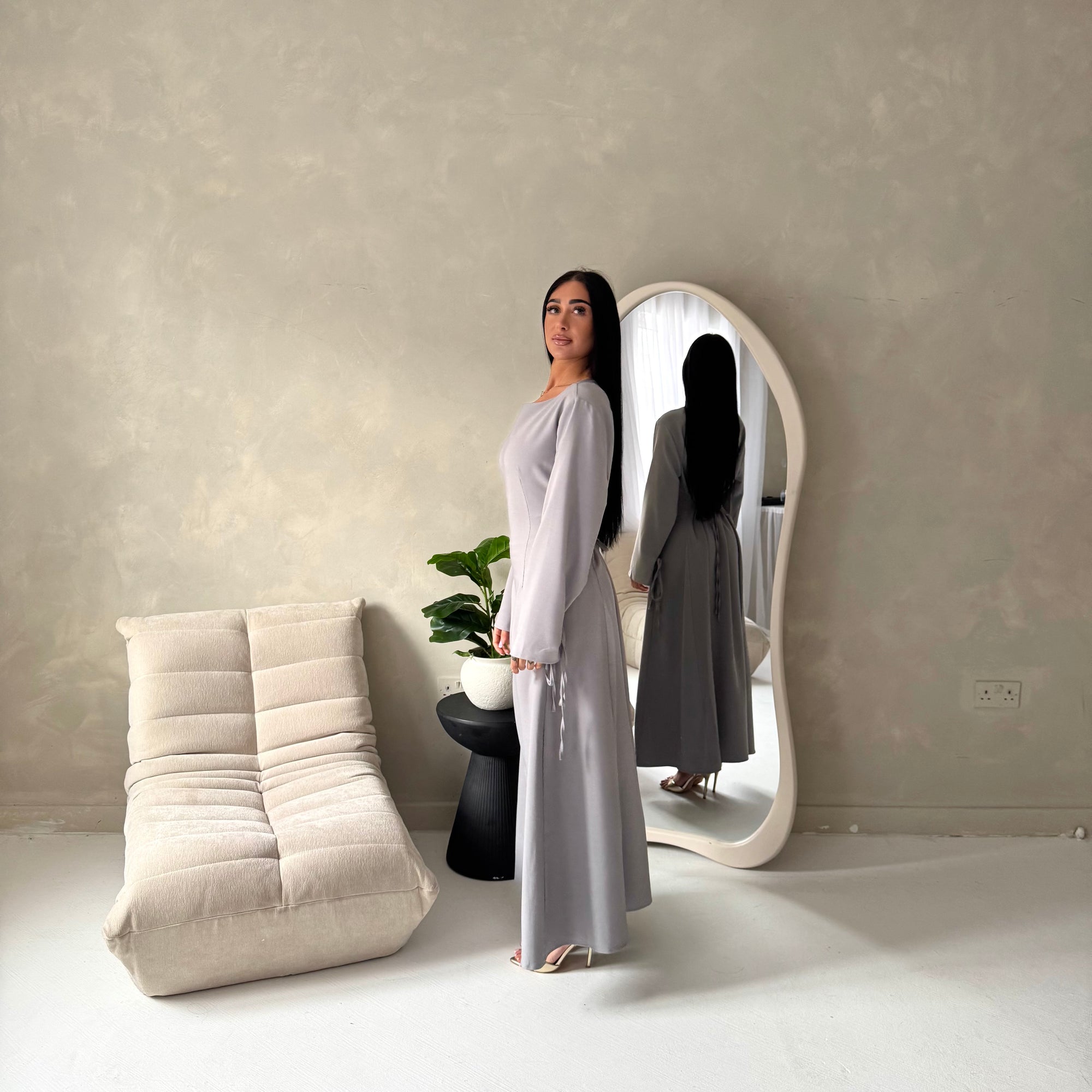 Noor Grey Plain A Line Tie Back Smock Dress