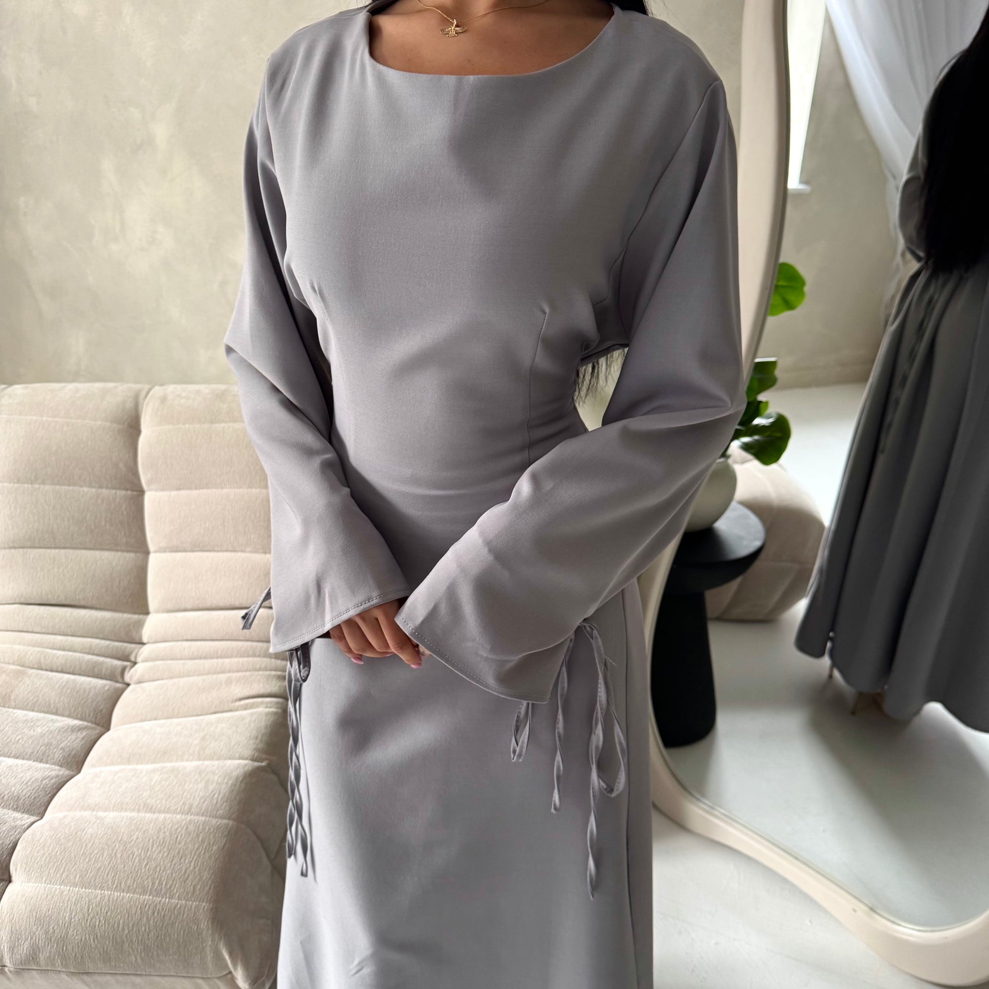 Noor Grey Plain A Line Tie Back Smock Dress