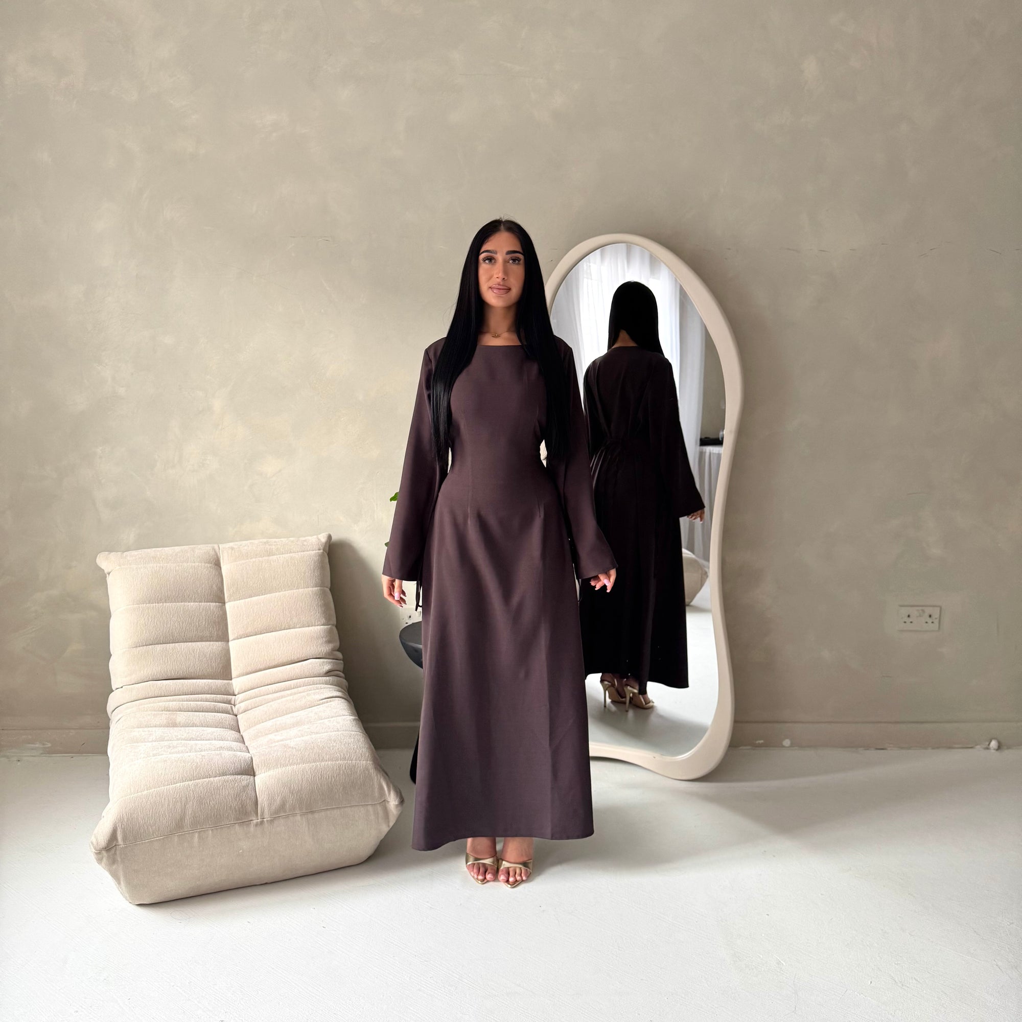 Noor Brown Plain A Line Tie Back Smock Dress